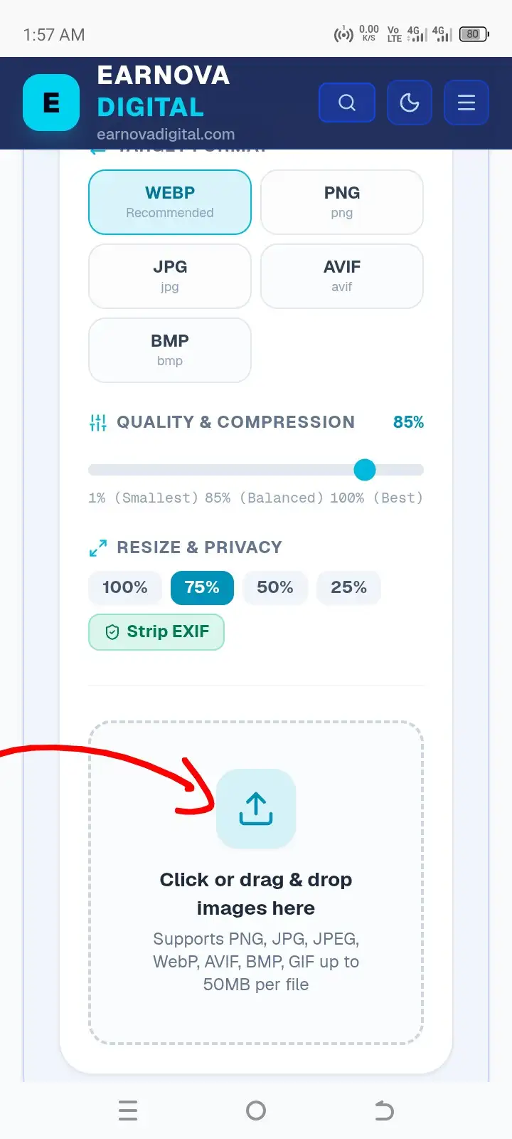 Step 1: Upload PNG or JPG file into EarnovaPixel image converter
