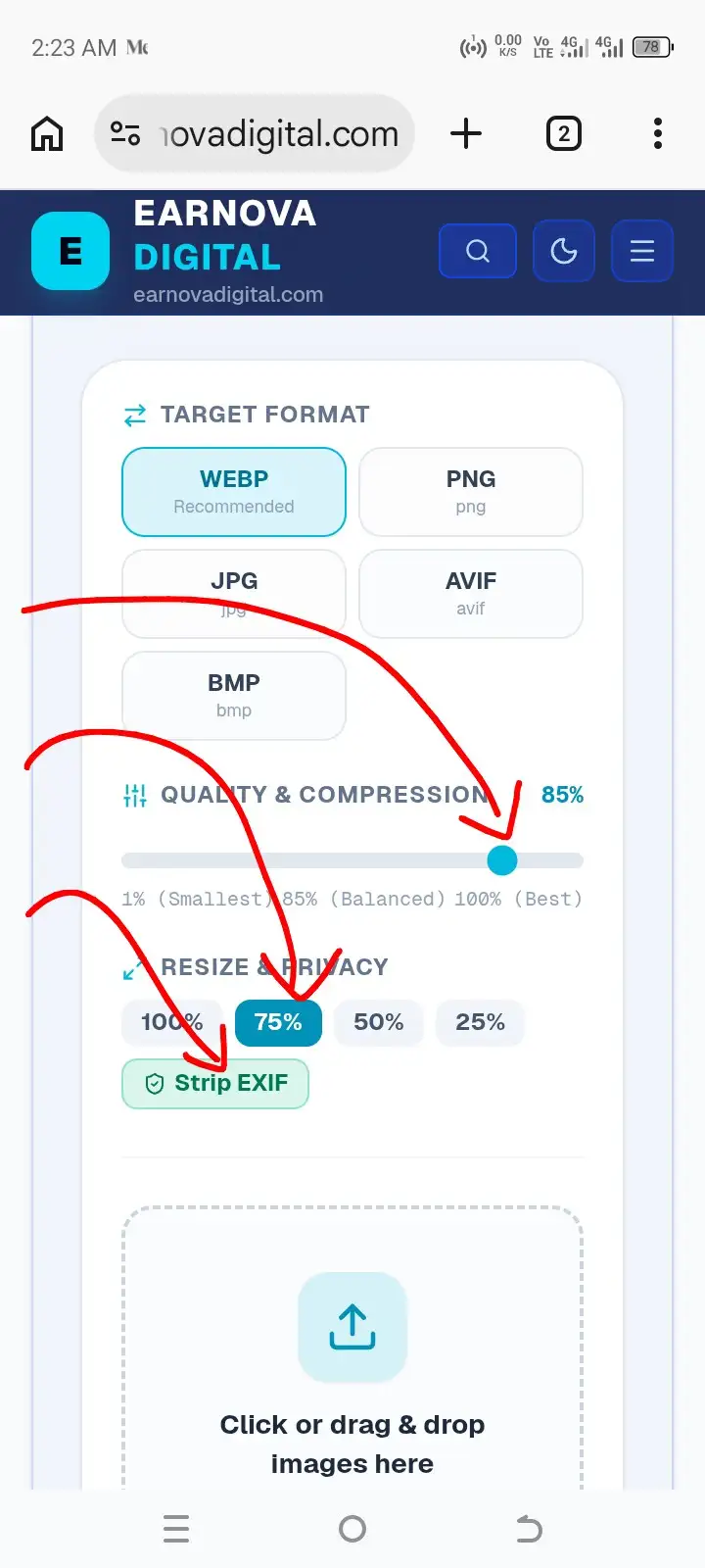 Step 2: Adjust compression quality slider, resize scale, and strip EXIF metadata