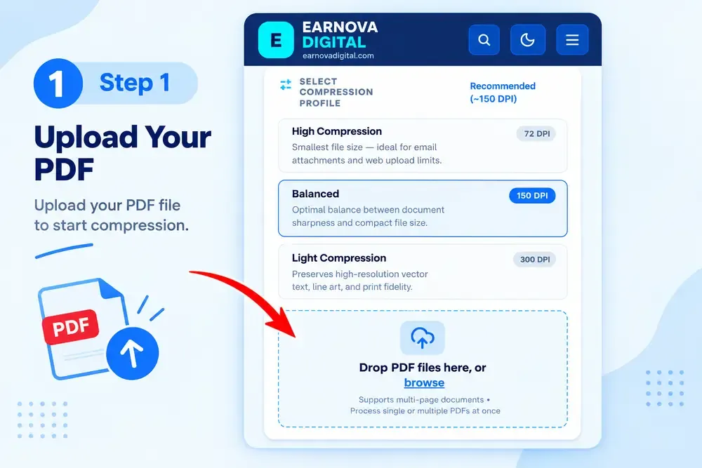 Step 1 - Upload large PDF file on mobile browser - EARNOVA DIGITAL PDF Compressor