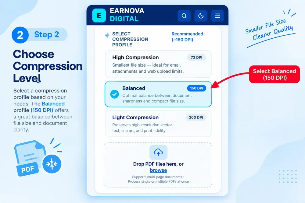 Step 2 - Select PDF compression DPI preset Screen 72 DPI vs eBook 150 DPI - EARNOVA DIGITAL